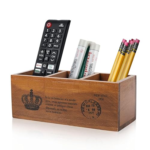 Rustic Wooden Pencil Holder with 3 Compartments