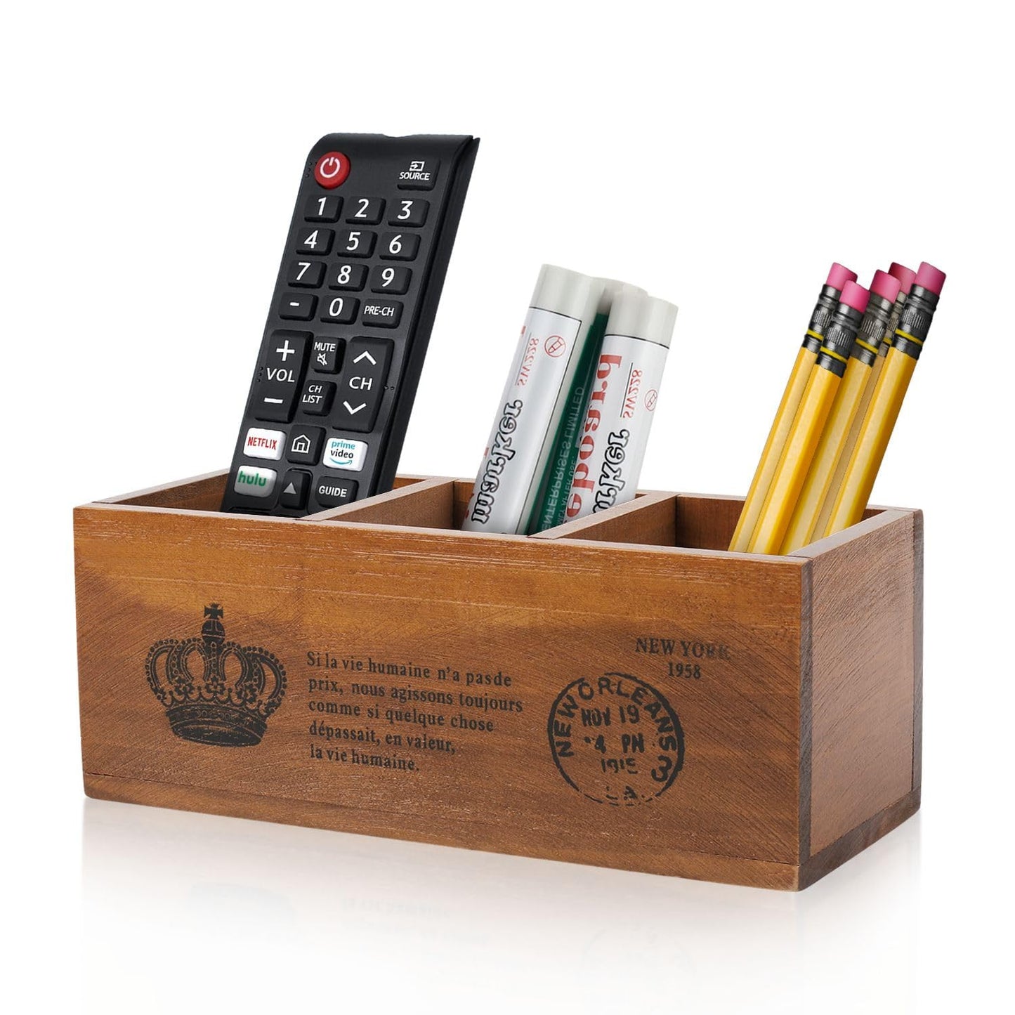 Rustic Wooden Pencil Holder with 3 Compartments