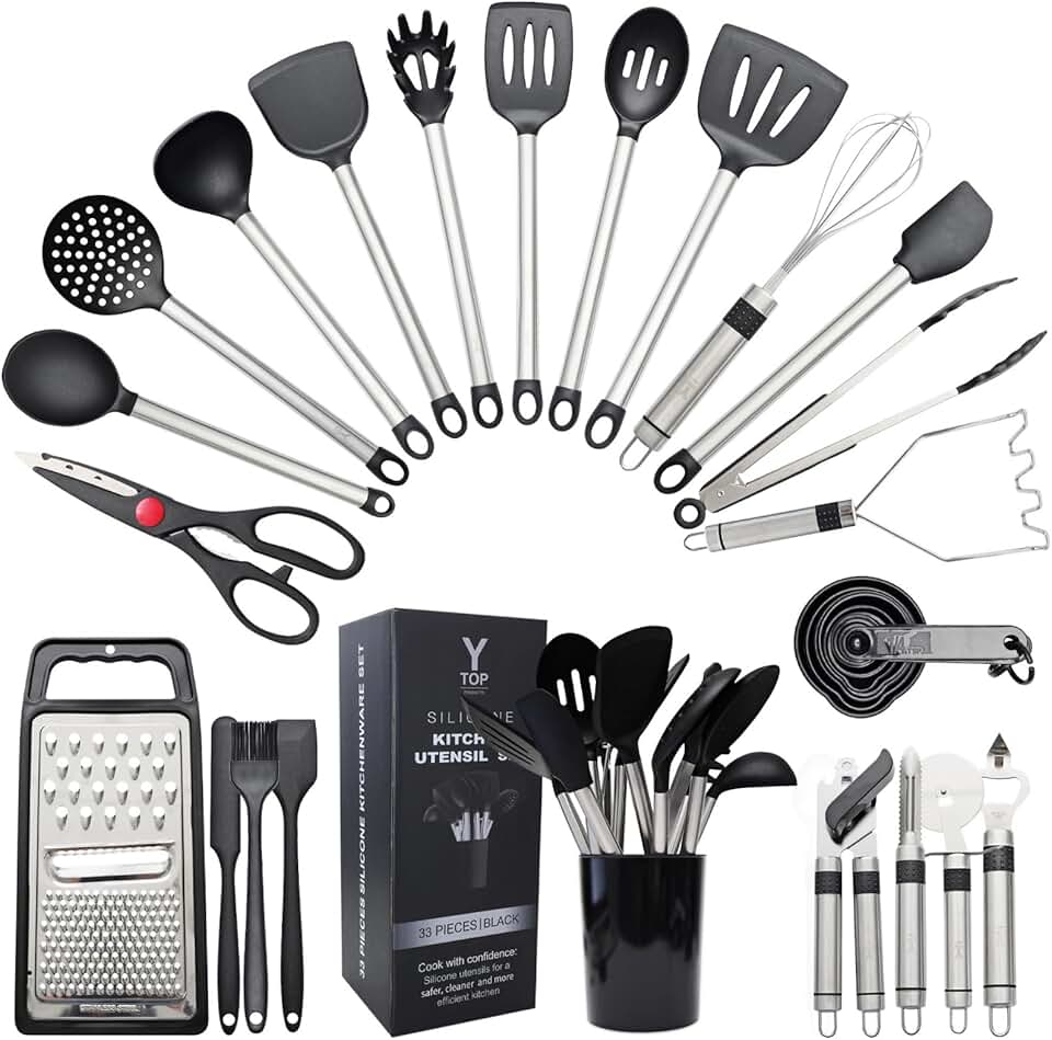 33-Piece Silicone Kitchen Utensil Set with Stainless Handles