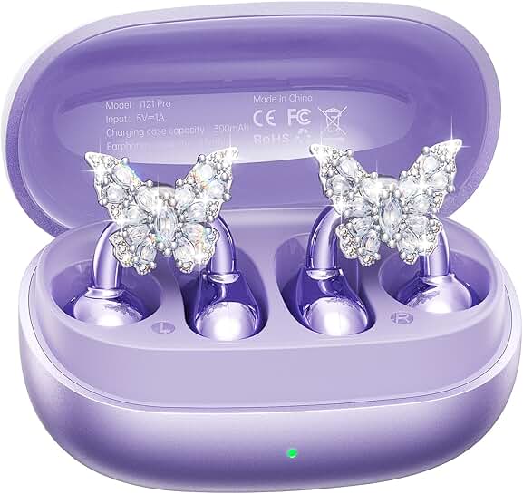 Clip-On Earbuds with Butterfly Earrings, 50H Playtime, Comfortable Fit