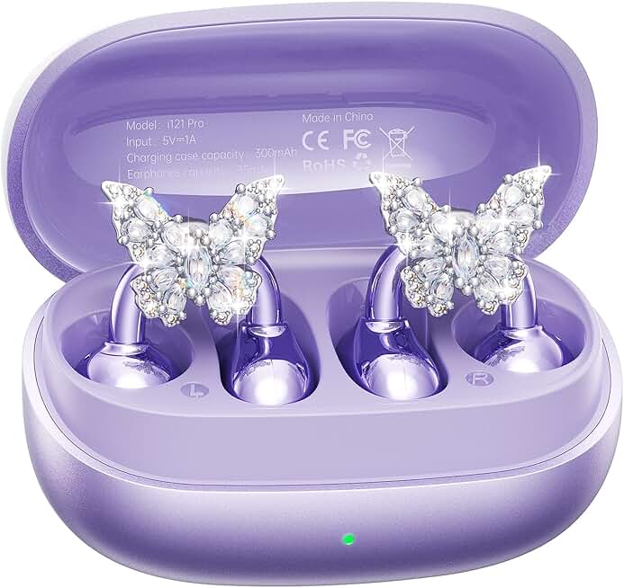 Clip-On Earbuds with Butterfly Earrings, 50H Playtime, Comfortable Fit