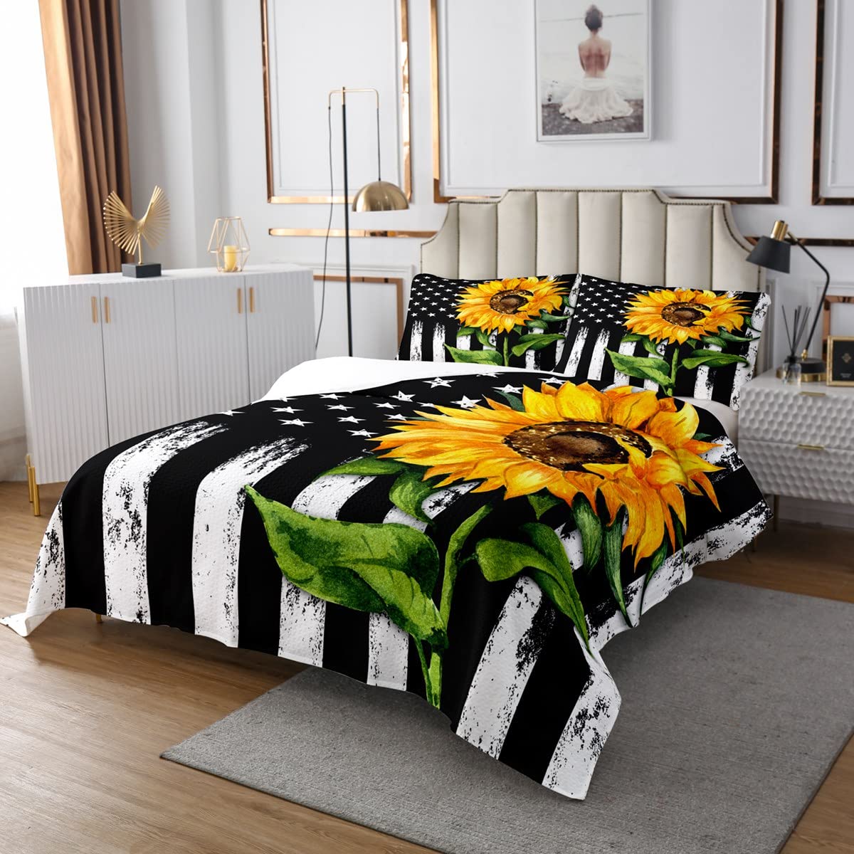 Flag Bedspread Sunflower Coverlet Set Military Themed Quilted for Kids Girls Boys Bedroom Green Leaves Yellow Flowers Bedspread Quilt Set with 2 Pillow Cases King Size