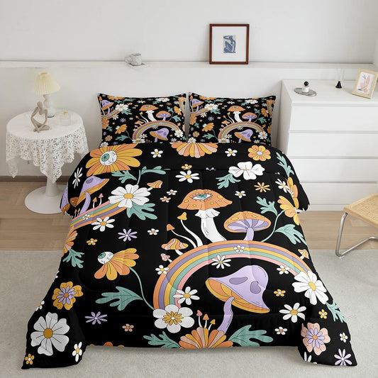 Trippy Mushroom Twin Comforter Groovy Floral Bedding Sets  s Cute Rainbow Bedding Two Groovy Party Boho Hippie Mushroom Down Comforter Retro Party Decorations Duvet Set