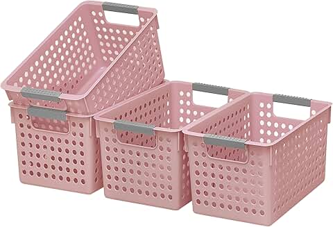 Set of four small plastic storage baskets with handles