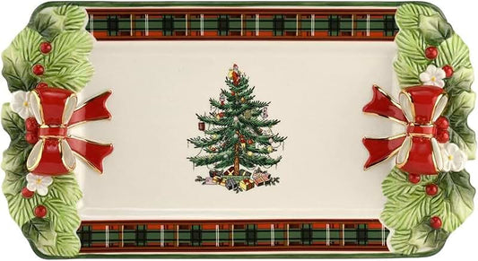 Three-tier porcelain serving tray with gold rack