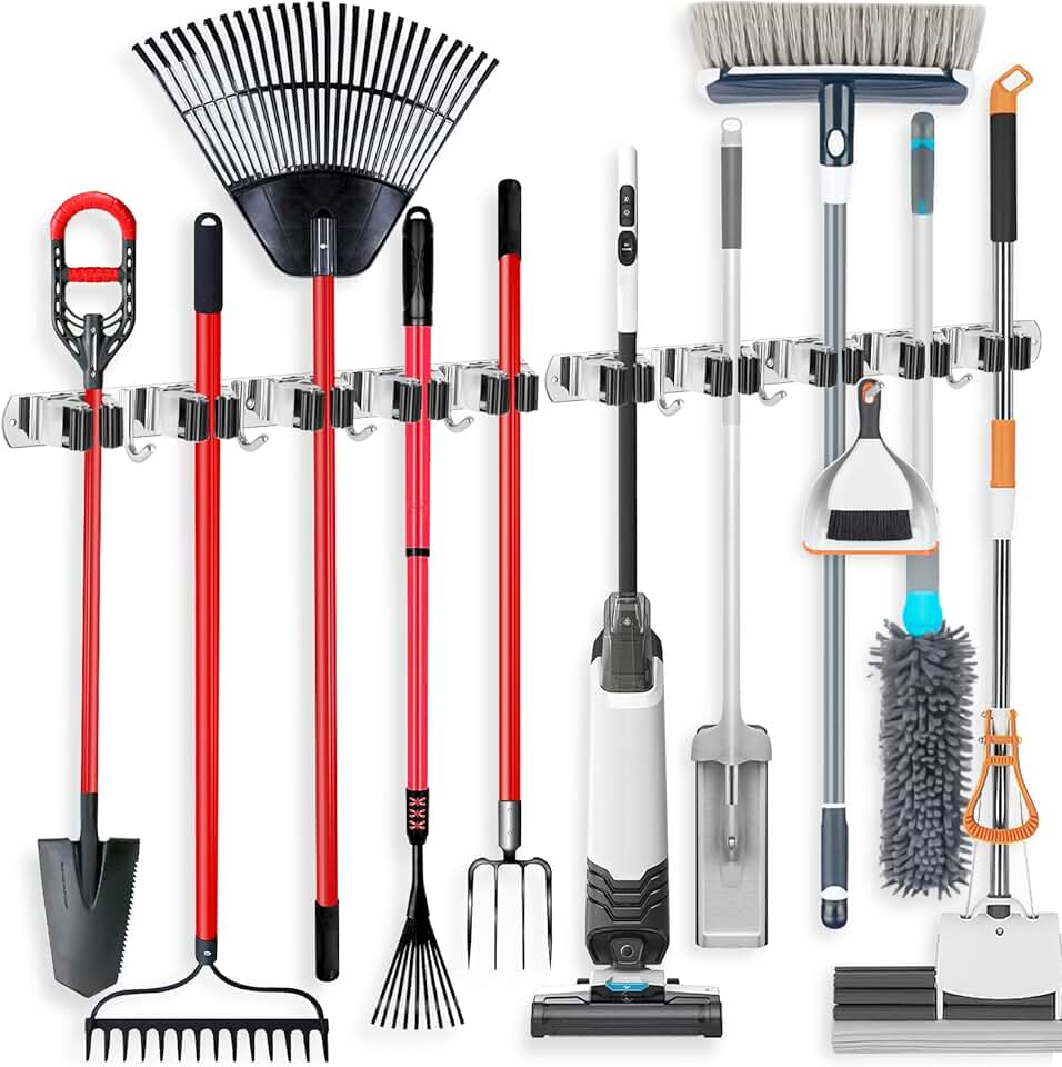2 Pack Wall Mount Broom Holders with Hooks