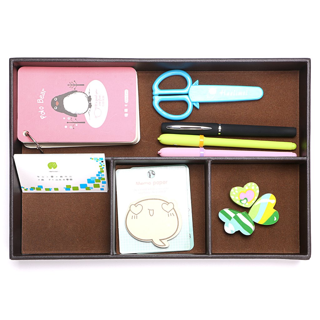 4-slot PU Leather Desk Drawer Organizer in Brown
