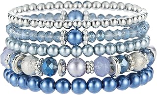 Beaded Pearl Silver Stretch Bracelet with Crystal Beads