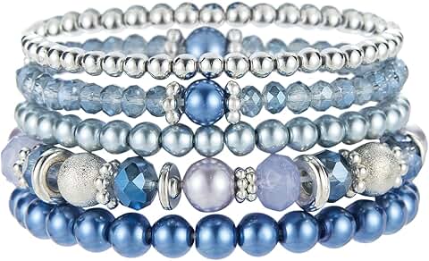Beaded Pearl Silver Stretch Bracelet with Crystal Beads