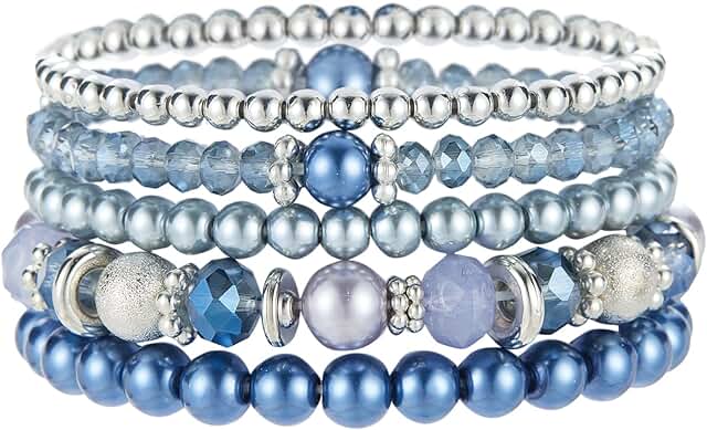 Beaded Pearl Silver Stretch Bracelet with Crystal Beads