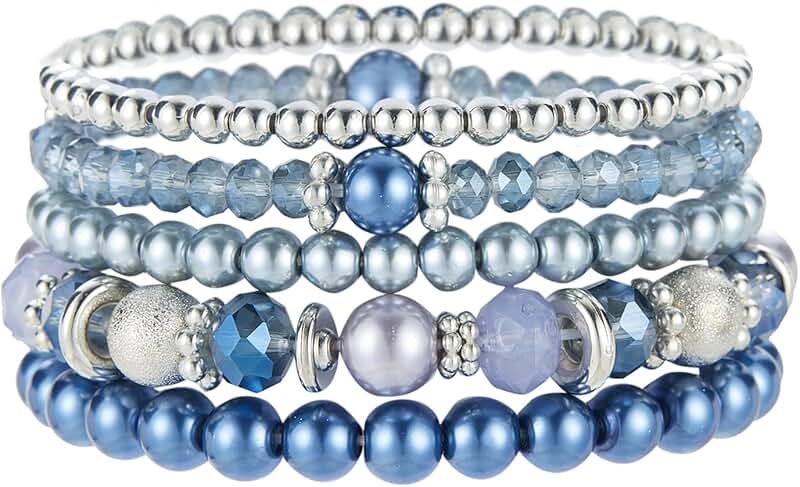 Beaded Pearl Silver Stretch Bracelet with Crystal Beads