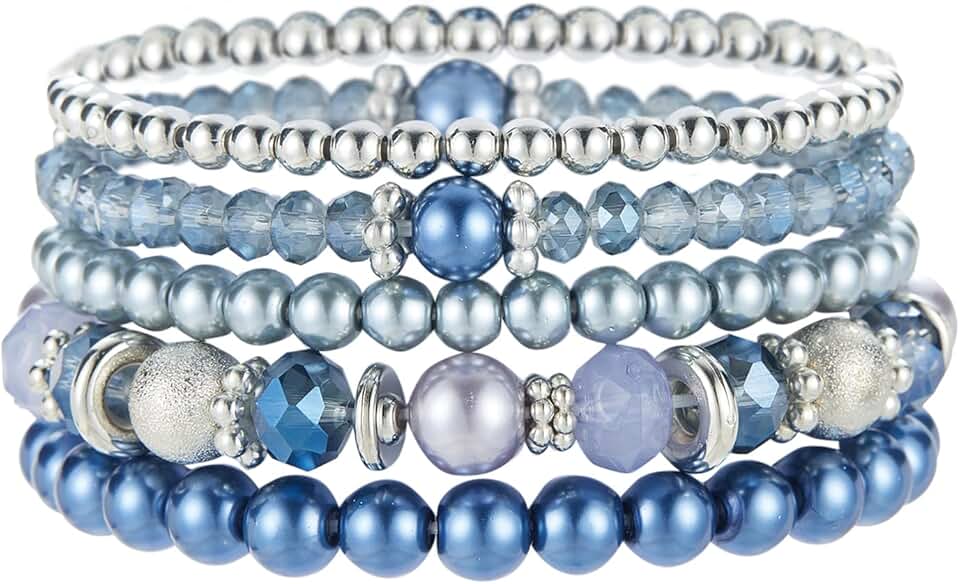 Beaded Pearl Silver Stretch Bracelet with Crystal Beads