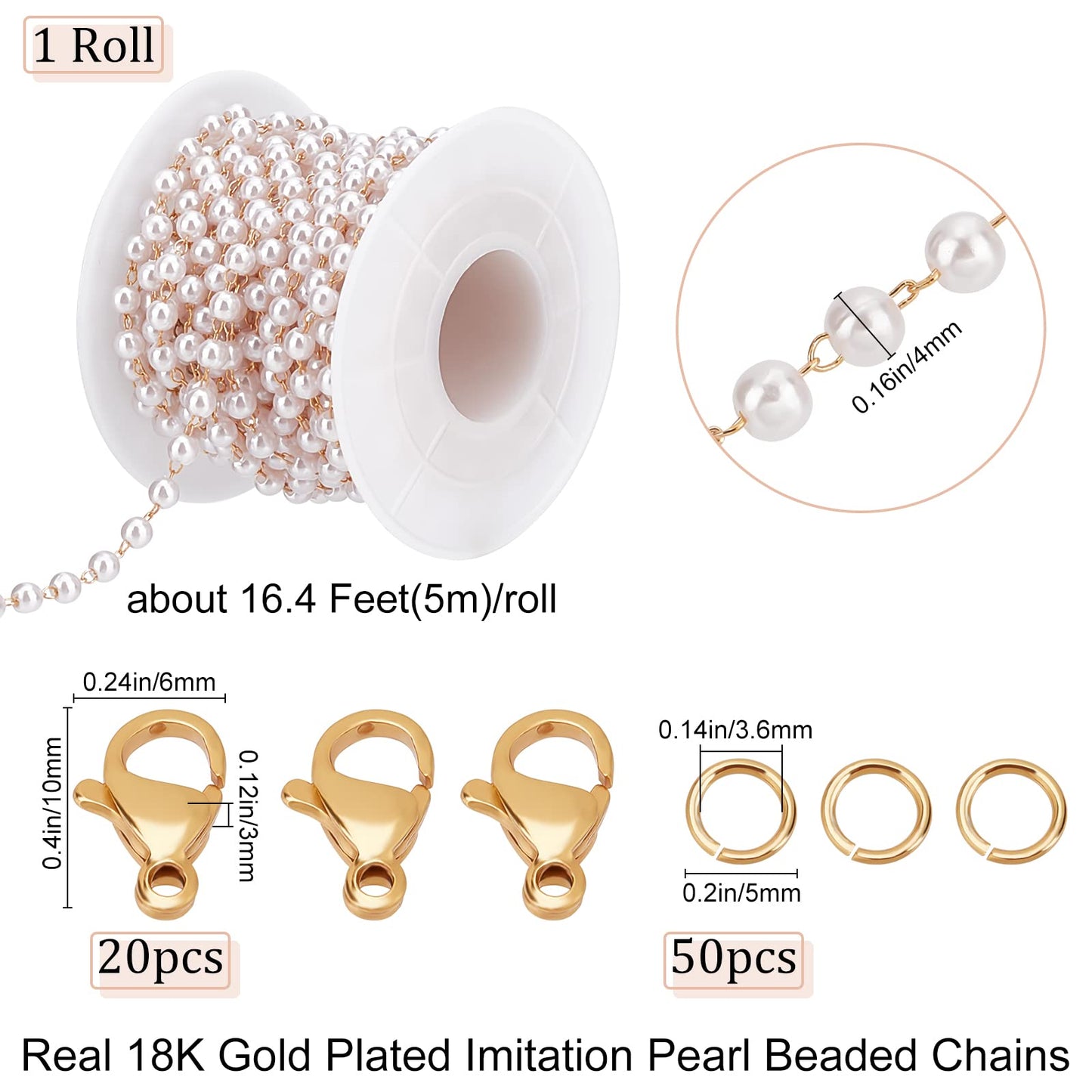 16.4 Feet Pearl Beading Chain with Gold Plated Cable Chain for Jewelry Making