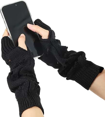 Brown Heart Ripped Knit Fingerless Gloves for Women