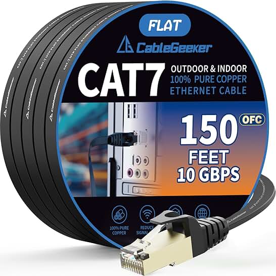 150ft Shielded Cat7 Ethernet Cable with Clips
