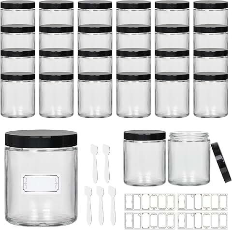 24 Clear 8 oz Glass Jars with Lids, Liners, Labels, and Spatulas