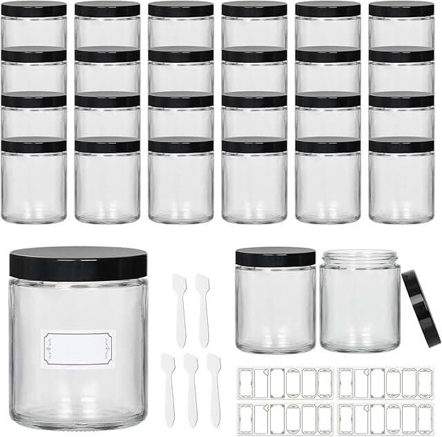 24 Clear 8 oz Glass Jars with Lids, Liners, Labels, and Spatulas