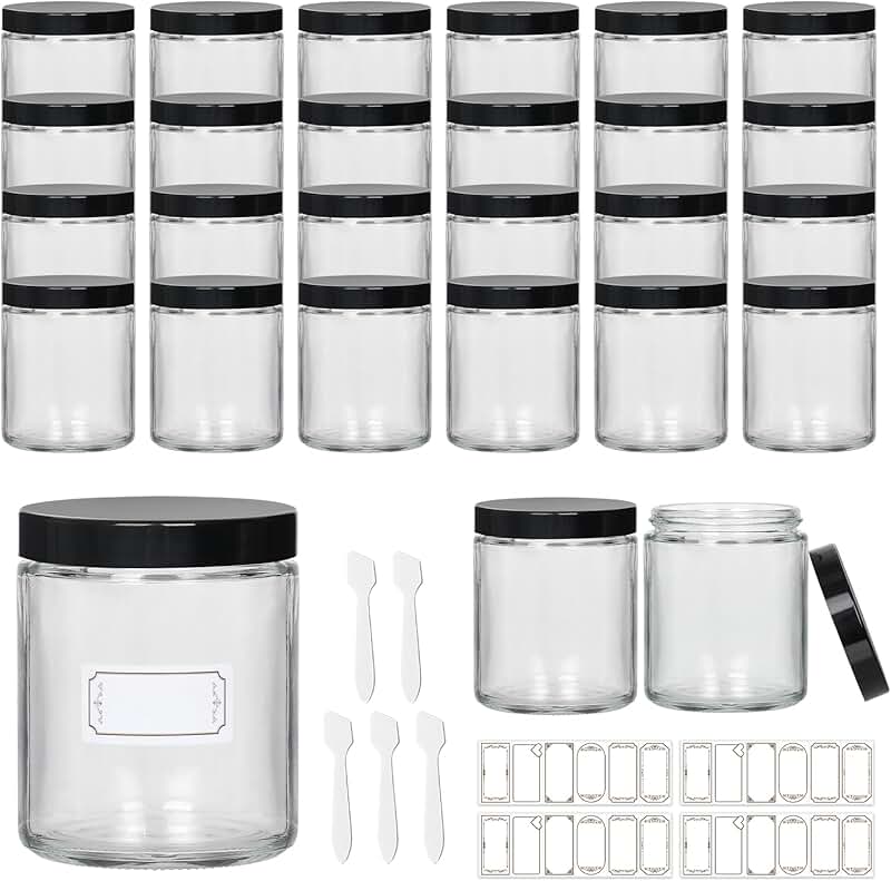 24 Clear 8 oz Glass Jars with Lids, Liners, Labels, and Spatulas