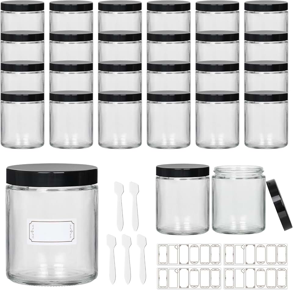 24 Clear 8 oz Glass Jars with Lids, Liners, Labels, and Spatulas