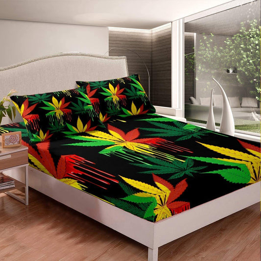 Marijuana Leaf Fitted Sheet Cannabis Leaves Bedding Set Marijuana Weed Leaf Print Bed Sheet Set for Men Adults Bedroom Decor Colorful Leaf Pattern Bed Cover Queen Size with 2 Pillow Case