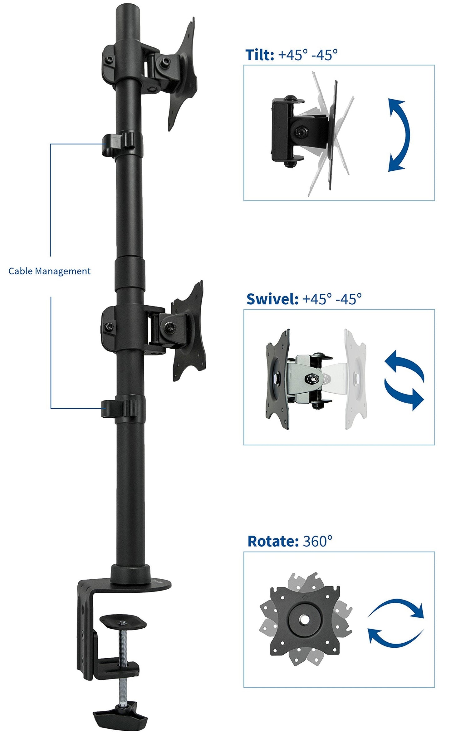 Dual Monitor Articulating Desk Mount Stand with Height Adjustment and Open VESA Plates for 2 LCD Screens up to 27 inches, Stacked Array, STAND-V002R