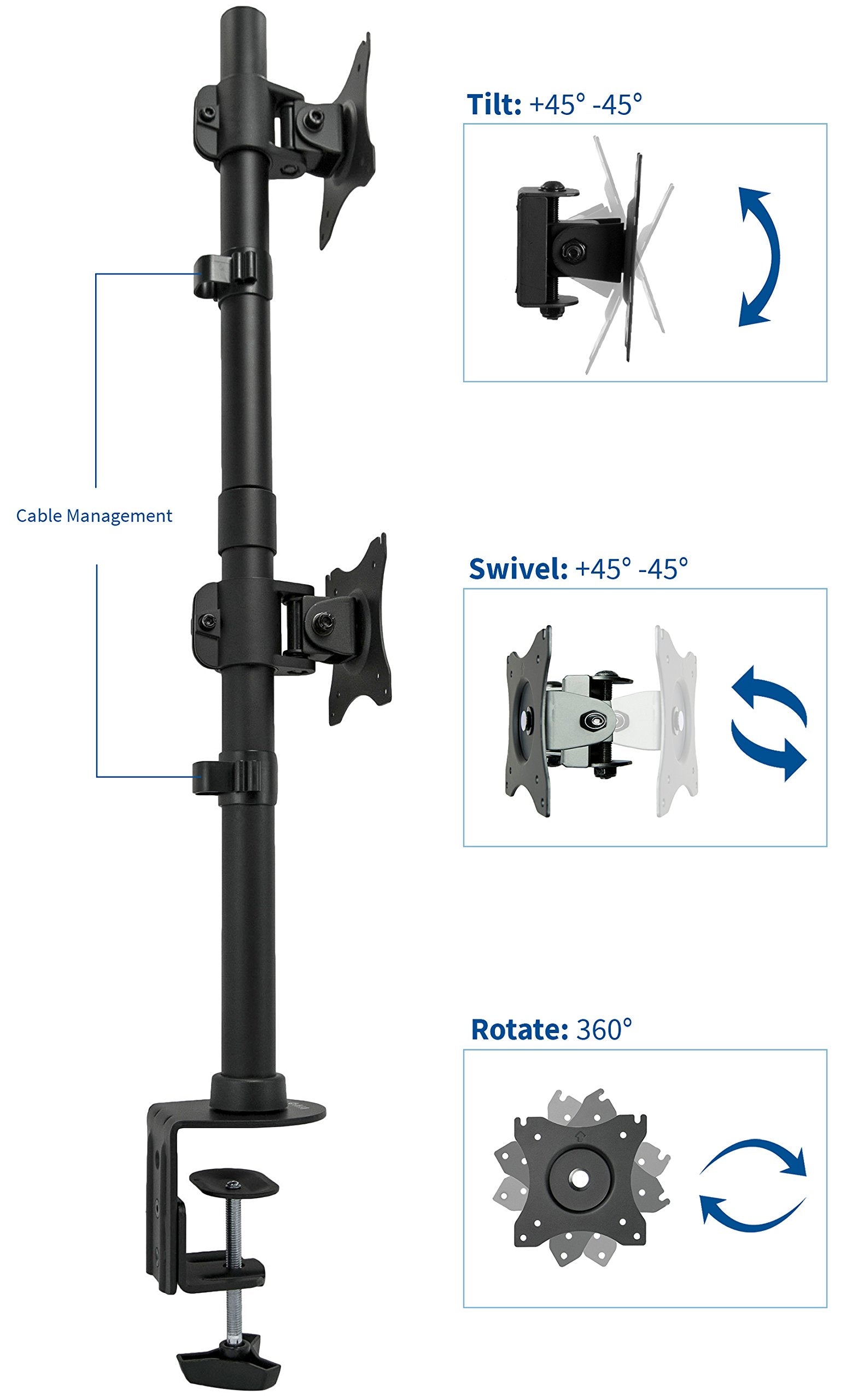 Dual Monitor Articulating Desk Mount Stand with Height Adjustment and Open VESA Plates for 2 LCD Screens up to 27 inches, Stacked Array, STAND-V002R