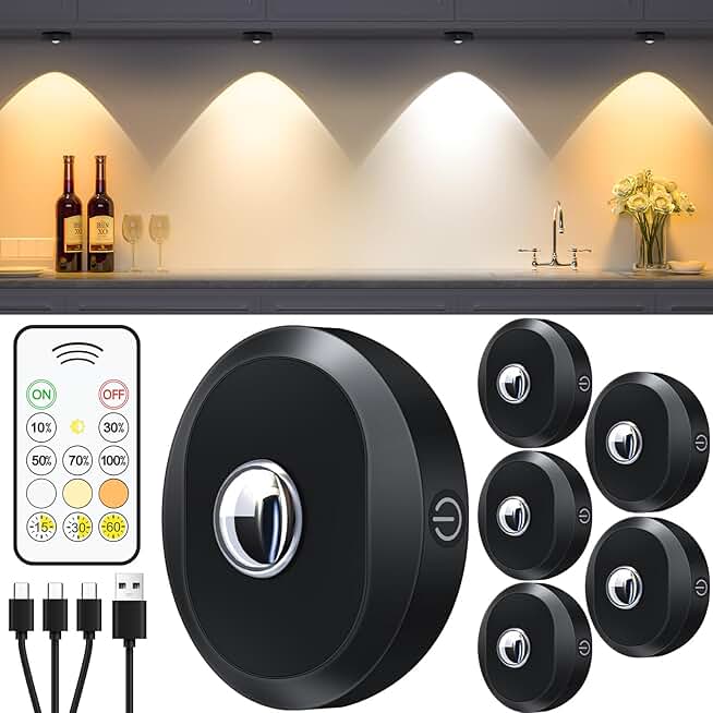 Rechargeable LED Puck Lights with Remote, 6 Pack