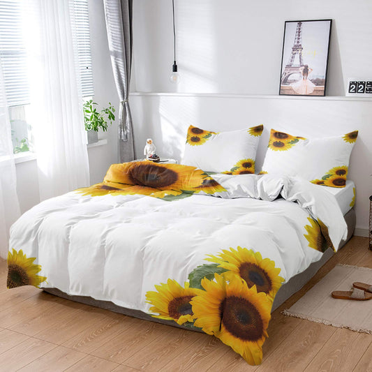4 Pieces California King Size Duvet Cover Bedding Sets Rustic Sunflowers on White Soft Bedspread Flat Sheet Decorative Pillowcases Yellow Floral Pastoral Plants for Bedroom