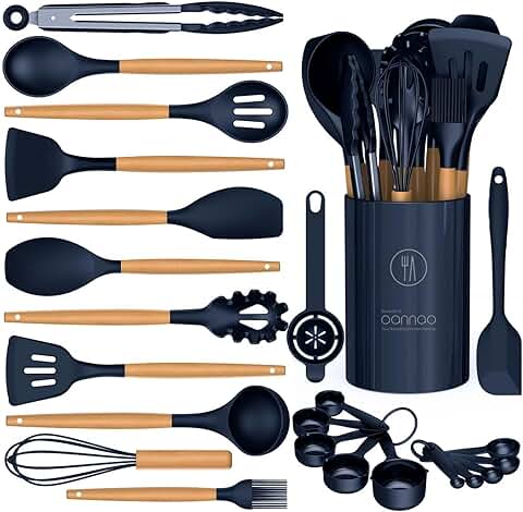 13-Piece Silicone Kitchen Utensil Set with Wooden Handles