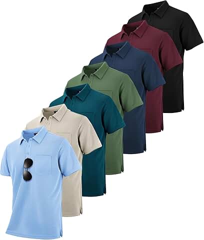 Set of 7 men's moisture-wicking polo shirts with pockets
