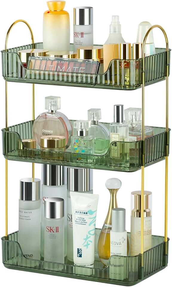 Three-tier green bathroom counter organizer for cosmetics