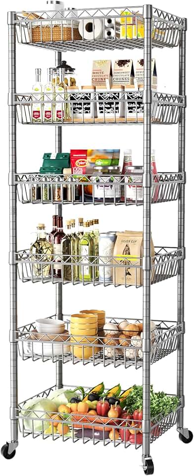 Adjustable Metal Wire Shelf Unit with Wheels, 63" Tall