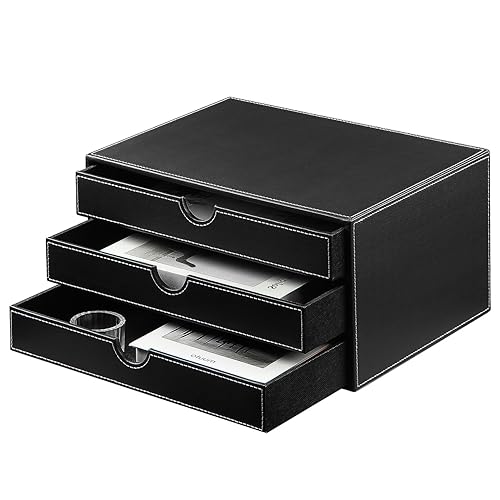 Leather desk organizer with 3 drawers for office and home storage