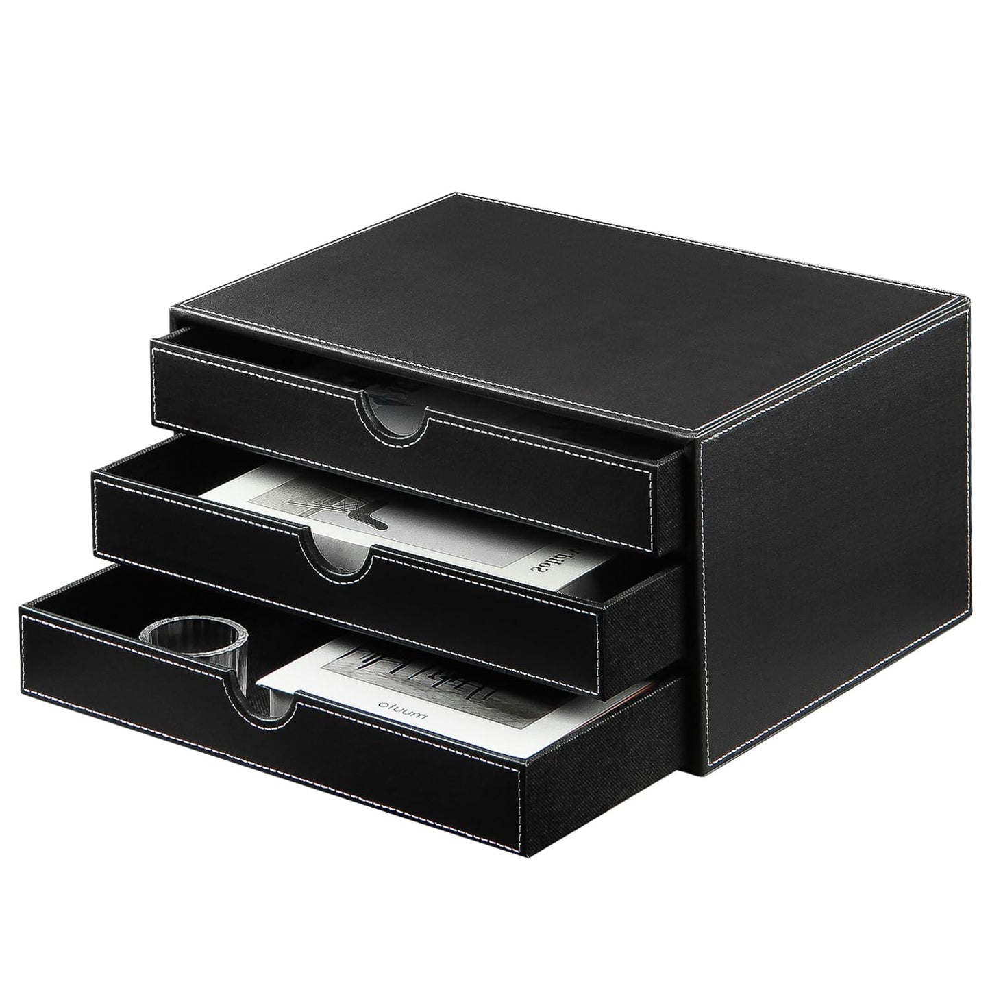 Leather desk organizer with 3 drawers for office and home storage