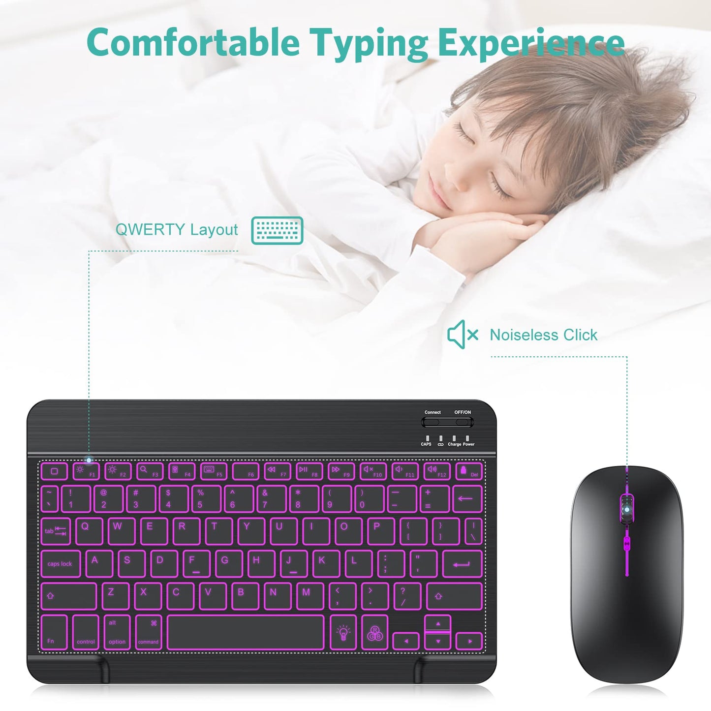 Bluetooth Keyboard and Mouse Combo for iPad, 7-Color Backlit Rechargeable Wireless Keyboard & Mouse Compatible with iPad 9th/8th Gen, iPad Pro/Air/Mini and ipadOS 13 and Above, Black