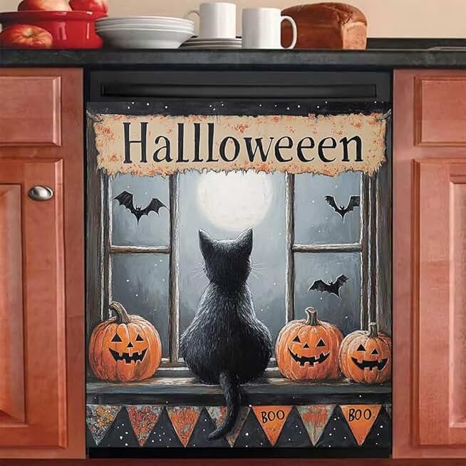 Black Cat and Halloween Magnet Cover for Refrigerator