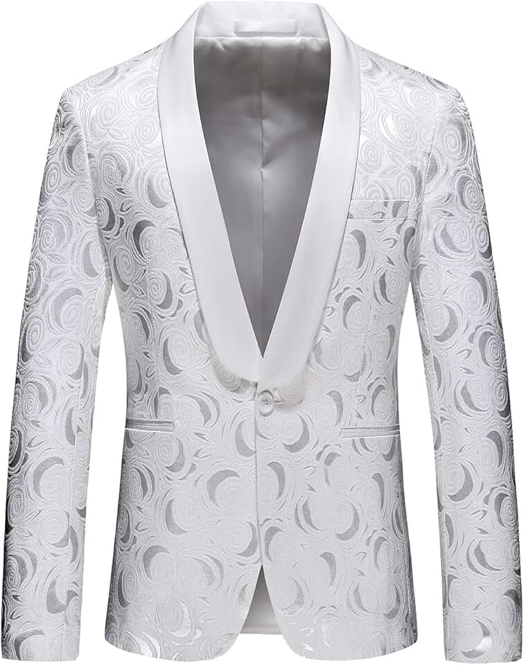 Men's Slim Fit White Floral Jacquard Blazer