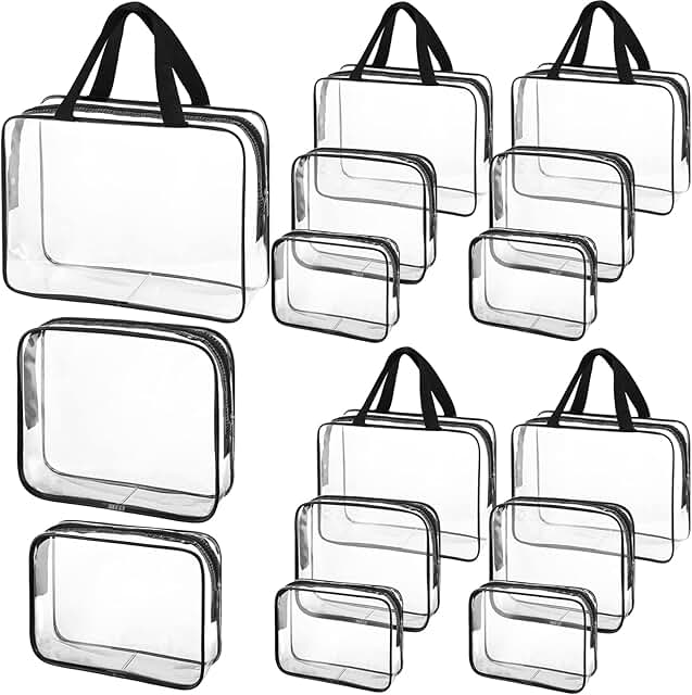 Set of 15 Clear Waterproof Makeup and Toiletry Bags in 3 Sizes