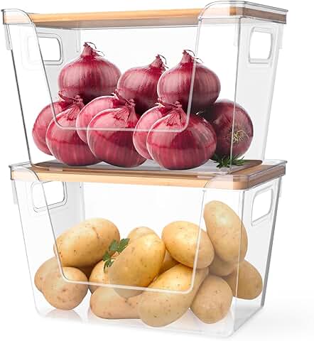 Two Clear Stackable Pantry Storage Bins with Bamboo Lids