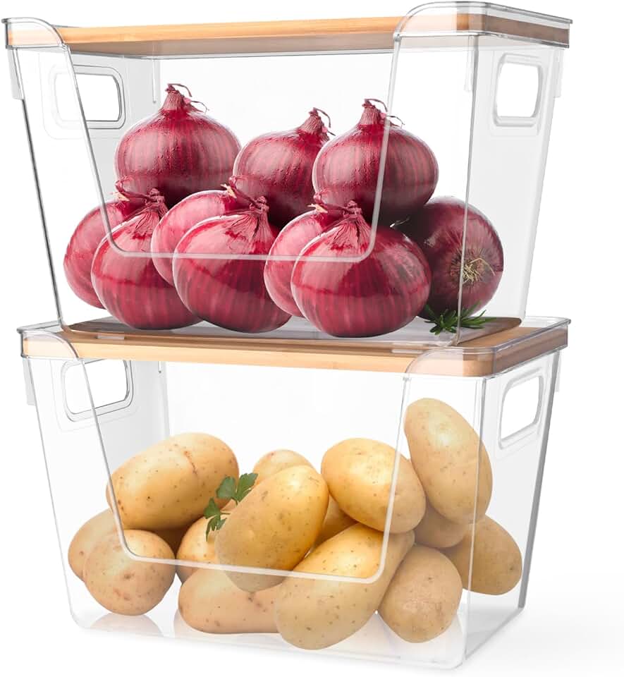 Two Clear Stackable Pantry Storage Bins with Bamboo Lids