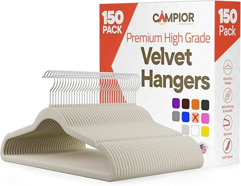Ivory Velvet Hangers, 150 Pack, Non-Slip, Space Saving