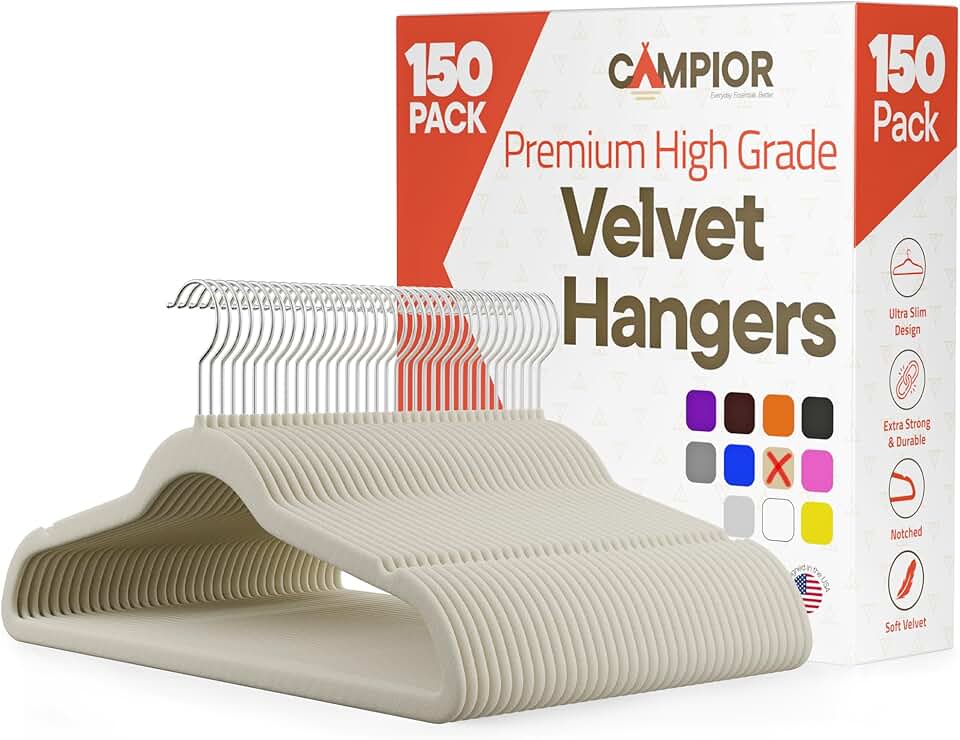 Ivory Velvet Hangers, 150 Pack, Non-Slip, Space Saving