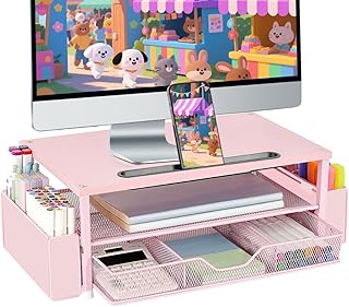 Pink 2-Tier Wood Desk Organizer with Drawer and Pen Holder
