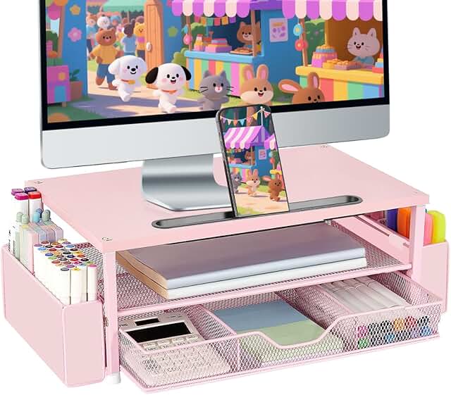 Pink 2-Tier Wood Desk Organizer with Drawer and Pen Holder