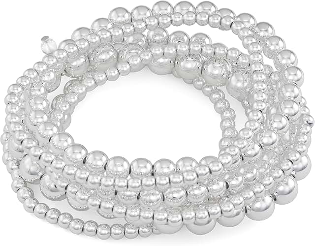 Silver stretch bracelet with 7 rows of polished beads