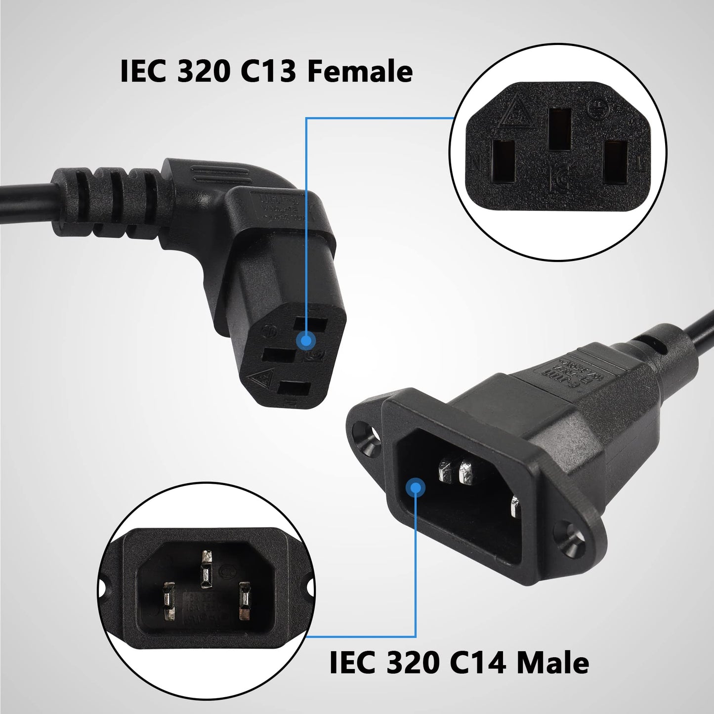 0.3m Up Angle C13 to C14 Panel Mount Power Cable, 90 Degree IEC 320 C13 Female to C14 Male PDU Power Supply Extension Cord for Monitors,Computers,Etc(Uc13m-c14)