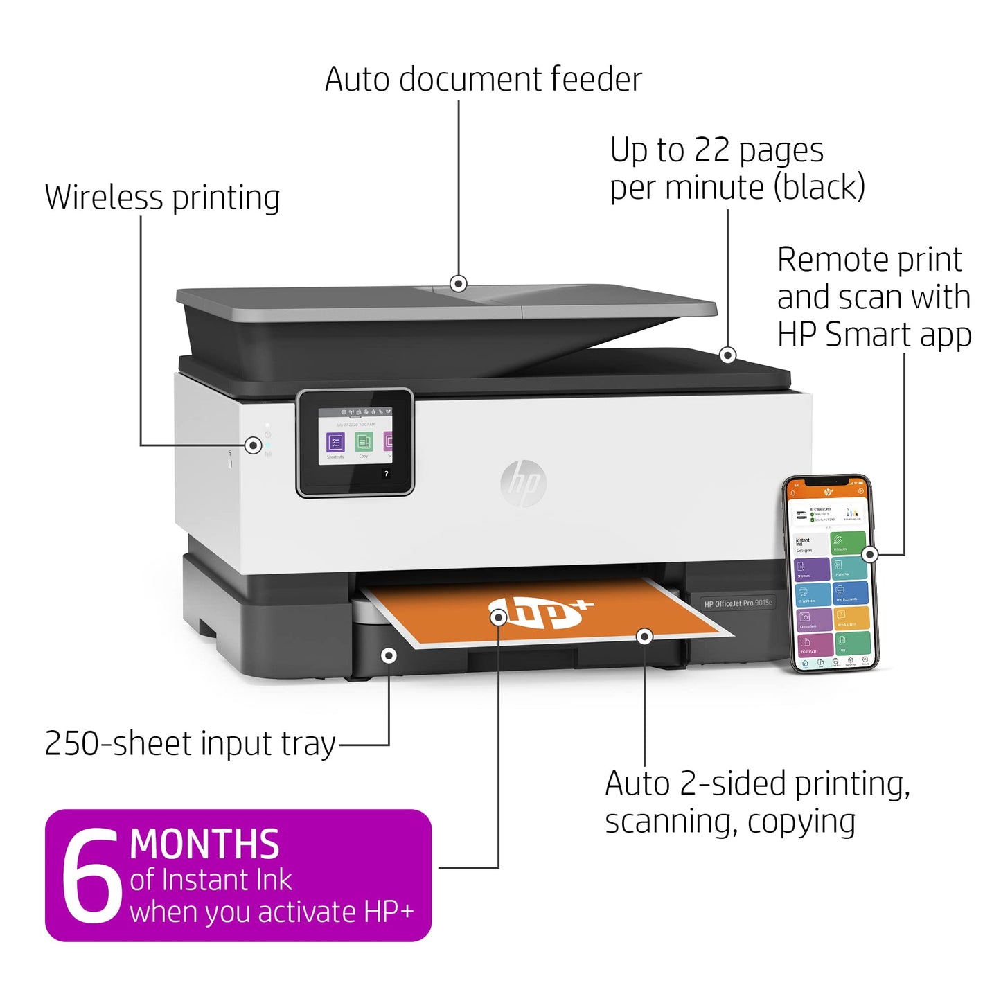 OfficeJet Pro 9015e Wireless Color All-in-One Printer with bonus 6 months Instant ink with + (1G5L3A)