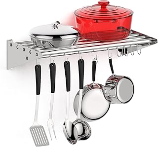 12x24-inch stainless steel wall shelf with 10 hooks