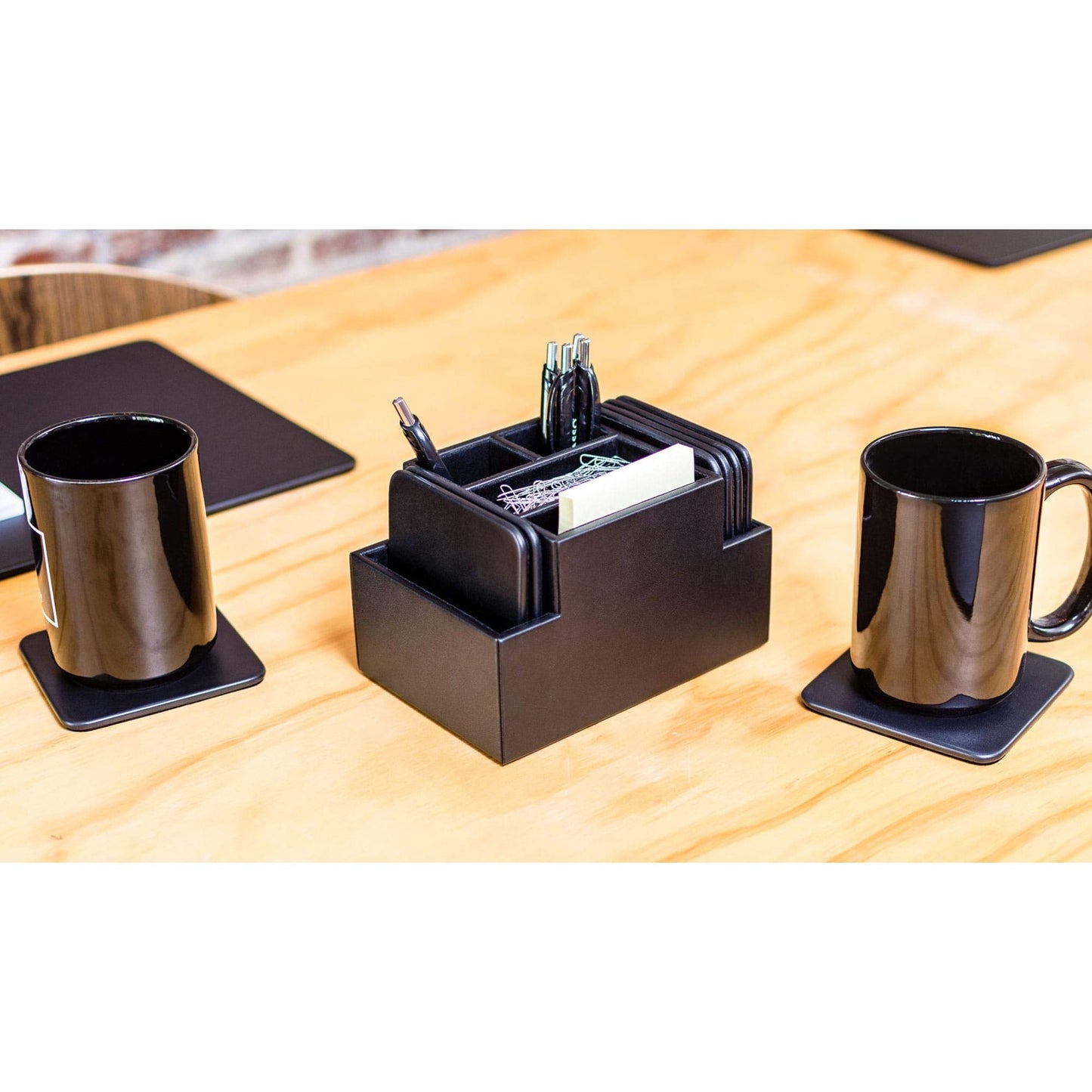 Black Leather Coaster Set with Holder