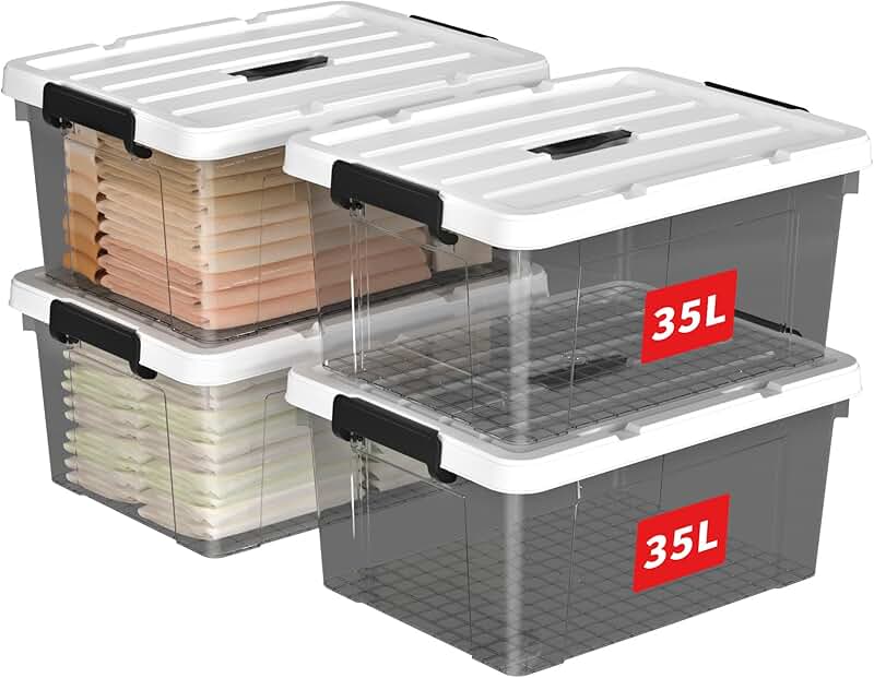 Stackable 35L Plastic Storage Bins, 4 Pack